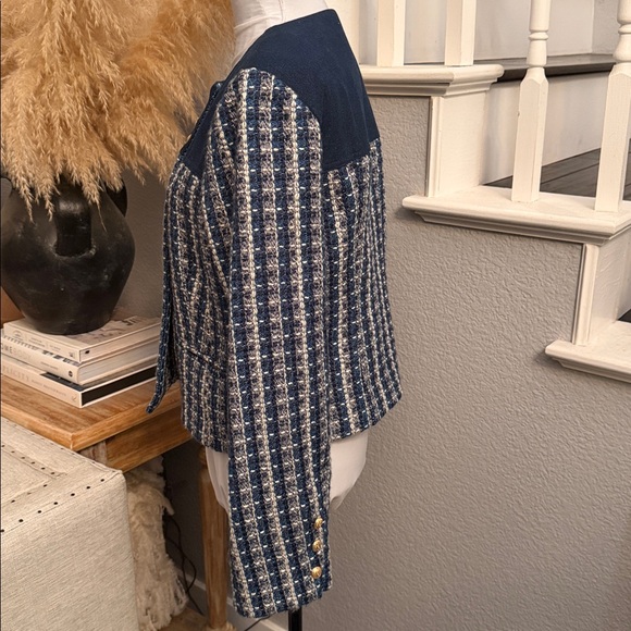 Sam Edelman Blue Tweed Fiona Double Breasted Collarless Blazer Size Medium - Picture 4 of 8